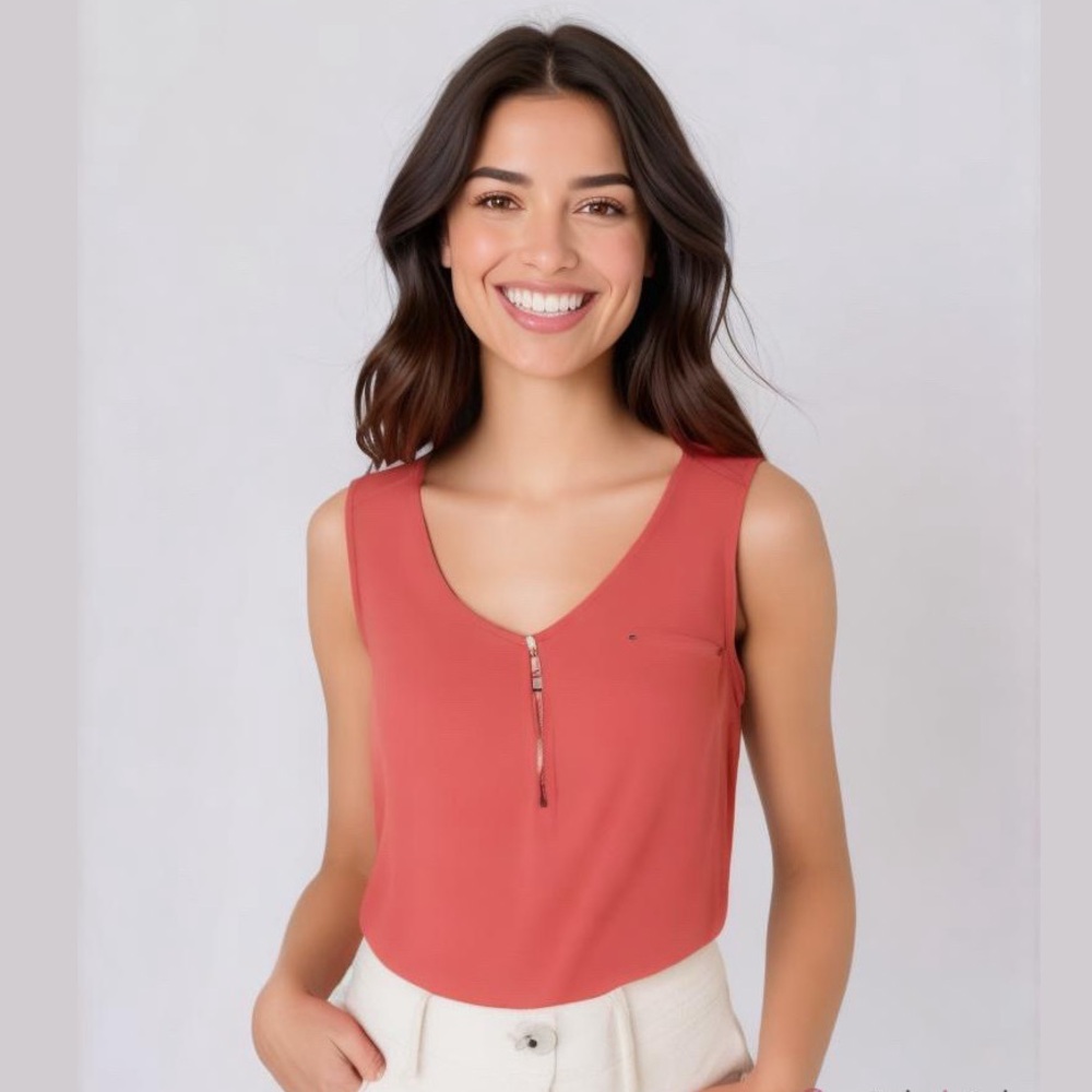 Roz & Ali Women’s Coral Pink Sleeveless Gold Zipper V-Neck Tank Top XL - Picture 8 of 8